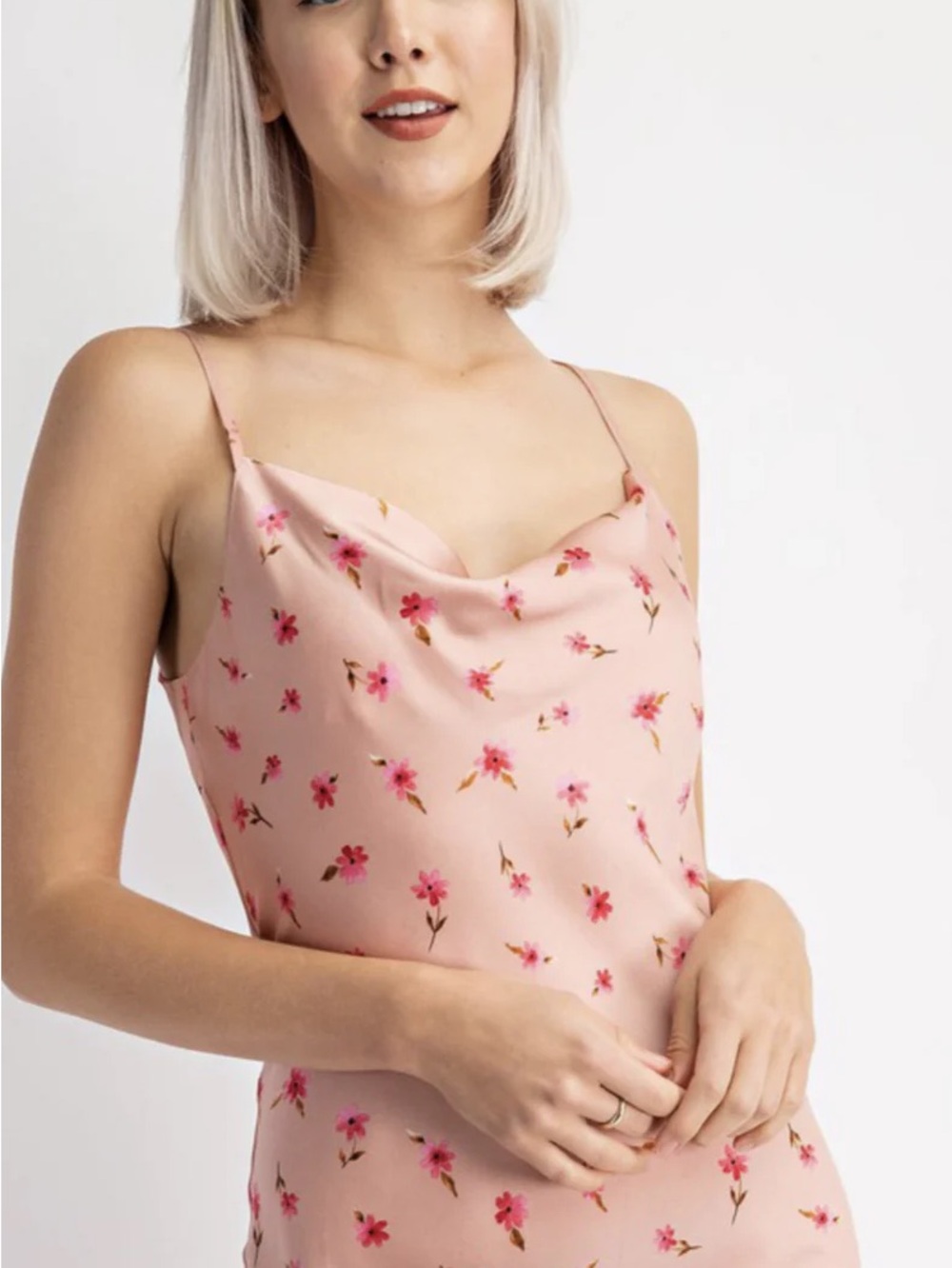 Pink Floral Satin Cowl-Neck Mini Dress